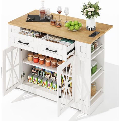 FurnitureR White Kitchen Trolley 120x65x92cm with Drawers and Power (1/5)