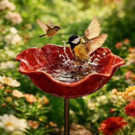 Abreuvoir à oiseaux en métal à motif floral, piquet de jardin artisanal, résistant à l'hiver, pour oiseaux et insectes, abreuvoir à abeilles pour jardin et terrasse, rouge, 1 pièce (1/5)