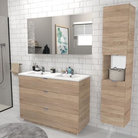 Le Quai Des Affaires – Ensemble meuble sous-vasque 120 cm – Vasque résine double – Miroir 120 x 70 cm – Colonne 2 portes – Chêne blanchi – 3 tiroirs avec découpe évacuation (1/5)