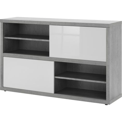 Composad  Libreria Bassa della Linea PRATICO con 2 Ante Scorrevoli, Mobile Multiuso, Cassettiera Ufficio, (LxAxP) 140x87x35,60 cm, Colore Grigio Cemento e Bianco Laccato, Made In Italy (1/5)
