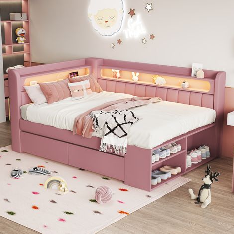 Canapé-lit rembourré 90x200cm avec port USB et bande lumineuse LED, comprenant un meuble à chaussures et deux tiroirs, rose (1/5)