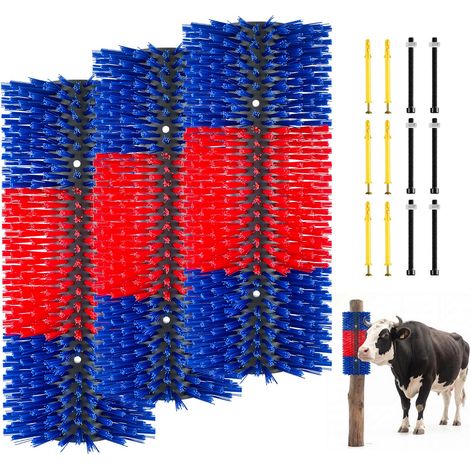 Brosse à Gratter Bétail 3 Pièces, Grattoir pour Vaches, Chèvres, Chevaux, Bovins, Cochons, Toilettage et Soulager Démangeaison Dos, 43x19 cm, Installation sur Poteaux, avec 12 Vis, Bleu et Rouge (1/5)