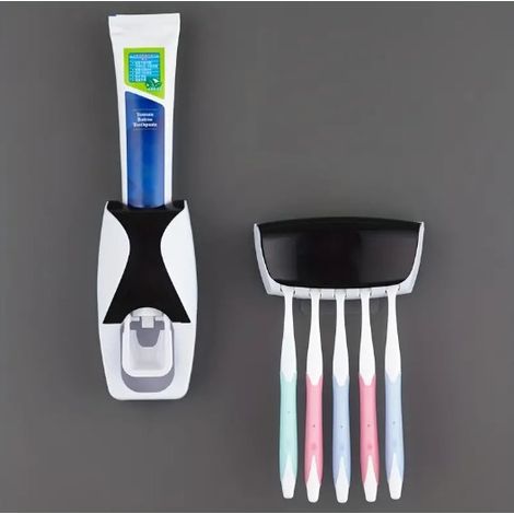 Distributeur mural de dentifrice automatique avec cinq emplacements porte brosse a dents organiseur de salle de bain (1/5)