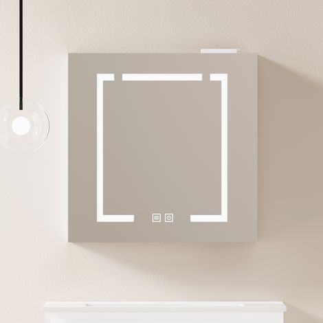 Armoire murale avec miroir LED 60 cm avec rangement en MDF et verre blanc OKWISH (1/5)