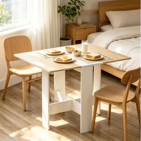 Klappbarer Esstisch aus MDF, Eiche und Weiß, 103 x 76 x 74 cm HAVRYA (1/5)