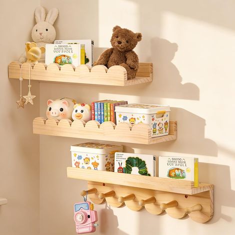 Set 3 Étagères Murales Enfant en Bois Massif avec 6 crochets, 40cm Bibliothèque Etagere Murale Chambre pour Livres (1/5)