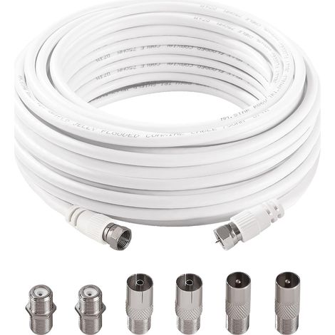 10m 75 Ohm Câble Coaxial RG6, F Mâle vers F Mâle Haut Débit RG6 Câble D'antenne TV, avec 6 Pièces Coupleurs D'extension, pour décodeur, TV, Satellite, Routeur Numérique (1/5)