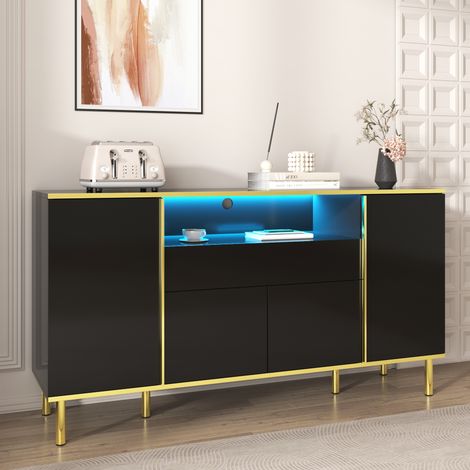 Buffet Bas Design Laqué Brillant 150cm - Sideboard Moderne de Salon avec Éclairage LED, 4 Portes, 1 Tiroir, Niche et Pieds Métal Doré - 150x40x80cm - Noir (1/5)