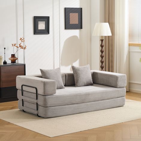 Canapé de sol convertible, canapé compressif, avec coussins de dossier et accoudoirs, canapé-lit futon confortable, tissu velours côtelé, pour salon et chambre, gris clair (1/5)