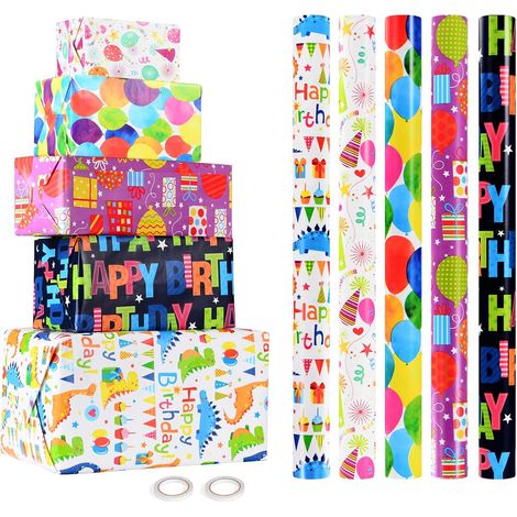 Papier Cadeau pour Enfants, 5 Rouleaux, 43cm x 300cm - Garçon, Recyclable pour Anniversaires (1/5)
