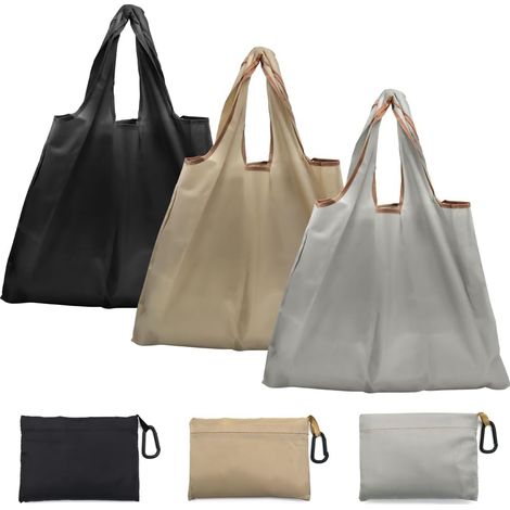 3-Piece Foldable Shopping Bag Reusable Shopping Bag Durable Tote Bag Attached Pouch with Waterproof Lightweight Carabiner (Black/Grey/Khaki) (1/5)