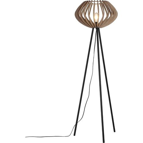 Lampadaire trépied bois MDF  abat-jour industriel style bohème E27 salon