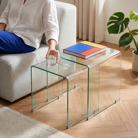 Set Kariengem di 2 Tavolini Sovrapponibili in Vetro - Trasparente [en.casa] (1/5)