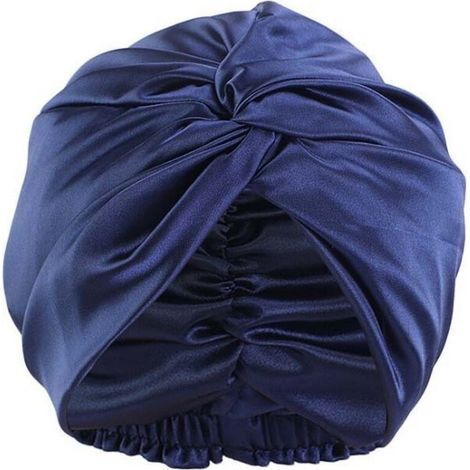 Ensemble de salle de bain, bonnet de sommeil en soie pour cheveux frisés, bonnet de sommeil en soie, se fixe sur la tête (Bleu foncé)