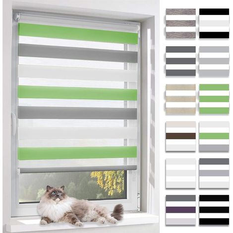 Store Enrouleur Jour Nuit,Tissu Double,Rideau sans Perçage,Translucide Occultant Protection Vie privée,pour Fenêtre et Porte,(Largeur du Tissu 40 cm),Vert-Gris-Blanc,40l x 150L cm (1/4)