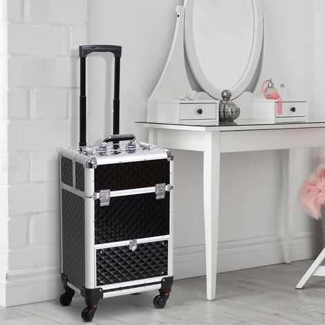 Valise trolley maquillage mallette cosmétique vanity poignée télescopique réglable 34L x 25l x 62H centimètres alu. noir