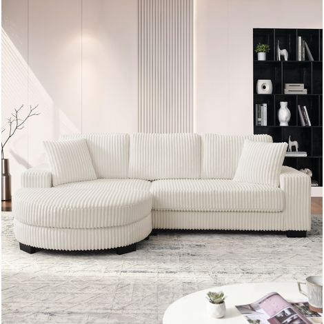 Canapé d’angle en L 256,5 x 133,5 x 89 cm beige, velours côtelé, pouf modulable et 2 coussins (1/5)