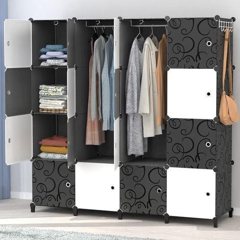Armoire Penderie avec 16 Compartiments, Portable Modulaire Armoire de Rangement pour Vêtements, Étagère de Rangement avec 3 tringles de Suspension pour Chambre à Coucher (1/5)