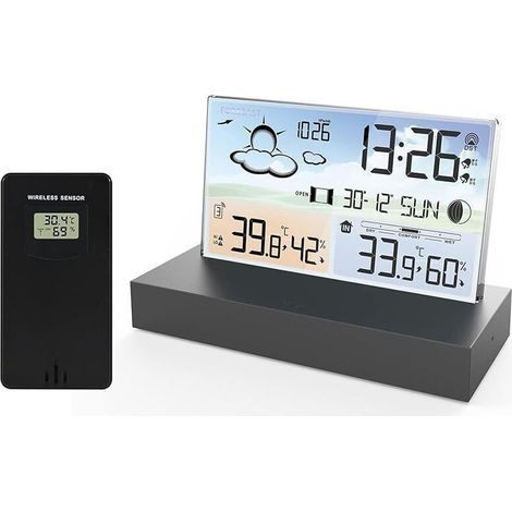 Station Météo avec Capteur Extérieur Sans Fil, écran LCD Sans Fil Station Météo Numérique Avec Double Réveil/Date/Heure/Température/Humidité/Alerte/Barométrie/Prévisions Météo Pour Maison (1/5)
