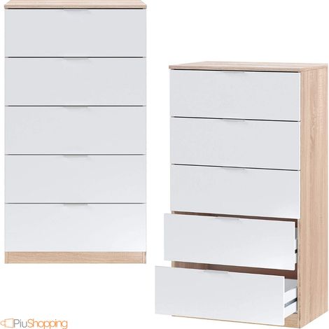 Cassettiera Camera da Letto Settimino 5 Cassetti in Legno Mobile Moderno - Bianco e Rovere 60x40x110 (1/4)