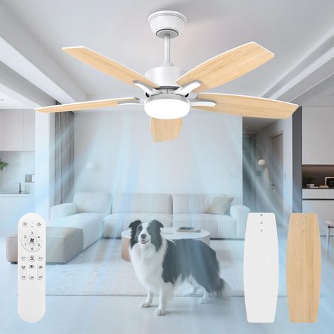 Silencieux Ventilateur Plafond avec Lumiere et Telecommande, 106cm Dimmable Lampe Ventilateur Plafond LED avec 5 Pales Doubles, Bois Clair/Blanc pour Chambre, Salon, Minuterie, 6 Vitesses