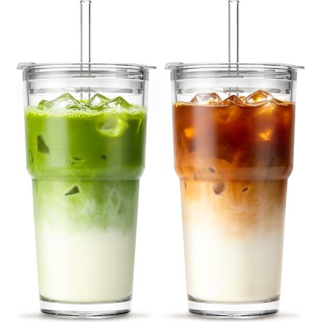 Lot de 2 gobelets en verre transparent de 567 g avec couvercle et paille en verre épais, verres à café avec paille pour smoothie, thé, lait, whisky, eau – Élégant et durable (1/5)