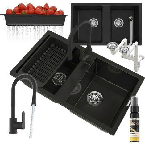 Évier de cuisine en composite granit 2 bacs noir à encastrer, avec robinet, égouttoir, siphon gain de place et produit d’entretien inclus Valmera Duo (1/5)