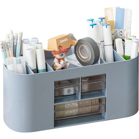 Organiseur de bureau avec porte-stylos – 10 compartiments – Double tiroir transparent – Grand espace de rangement pour stylos, craies et fournitures de bureau – Bleu (1/5)