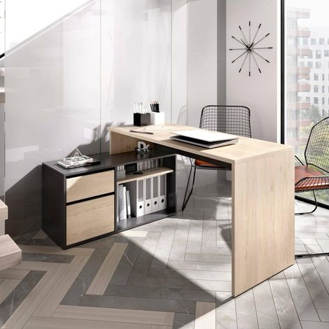 Bureau multi-positions pour bureau ou chambre, table d'étude d'angle polyvalente, 139 x 92 h75 cm, chêne et anthracite (1/5)