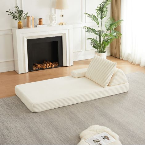 Divano modulare in corduroy beige 211,5 cm con schienale triangolare e braccioli mobili (1/5)