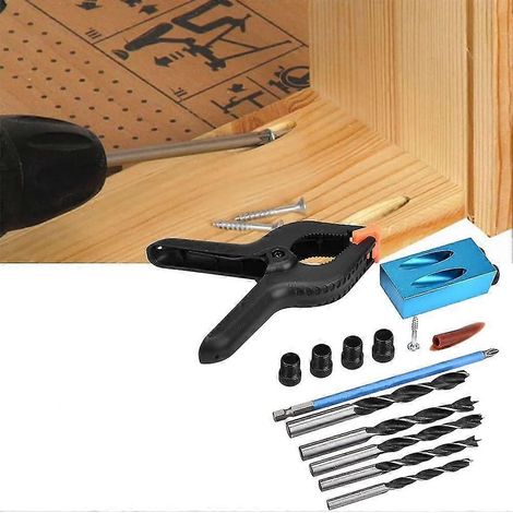 Kit de 34 pièces pour forets : guide de perçage, positionneur et localisateur pour perceuse portable, gabarit de menuisier à double poche pour trous de jonction, 15 trous obliques. (1/5)