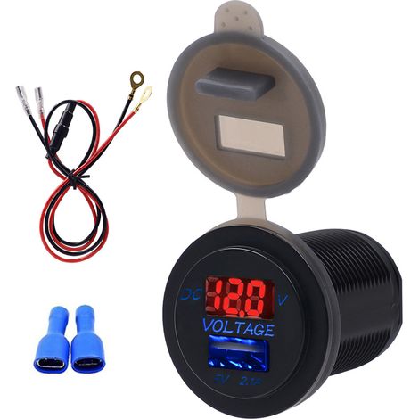 Chargeur Voiture USB avec Affichage Tension Voltmètre IP66 Étanche 2.1A Rouge DC12-24V (1/5)