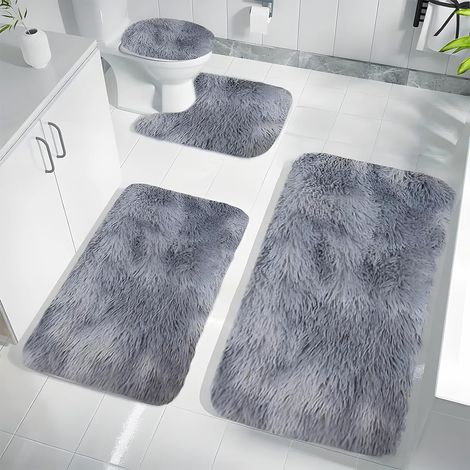 Lot de 4 tapis de salle de bain antidérapants en polyester lavable - Avec découpe - 40 x 60 + 40 x 50 + 40 x 40 + 40 x 80 cm - Gris clair (1/5)