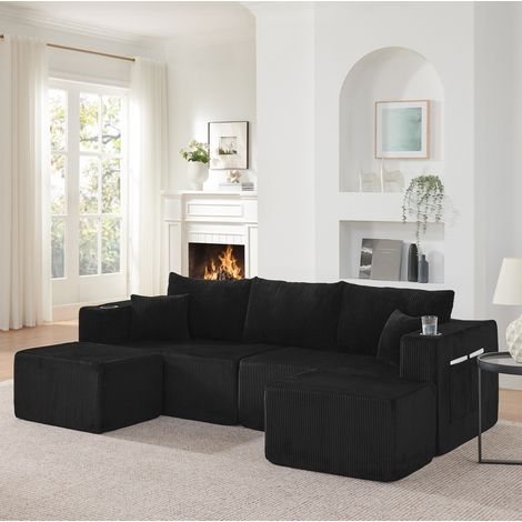 Divano angolare modulabile 230x138x75 cm nero, portabicchieri, contenitore, tessuto a coste (1/5)