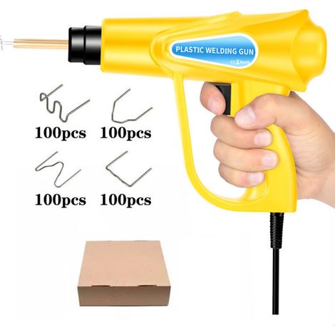 Kit de soldadura de plástico, kit de reparación de plástico, calentador amarillo de 70 W + cuatro tipos de clavos de soldadura (100 de cada uno), para reparación de parachoques de automóviles, soldado