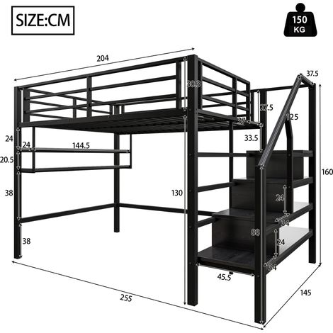 Letto a Soppalco 2 Posti con Scaffali, Scala Contenitore e Spazio Libero 140×200 cm, senza Materasso (1/4)