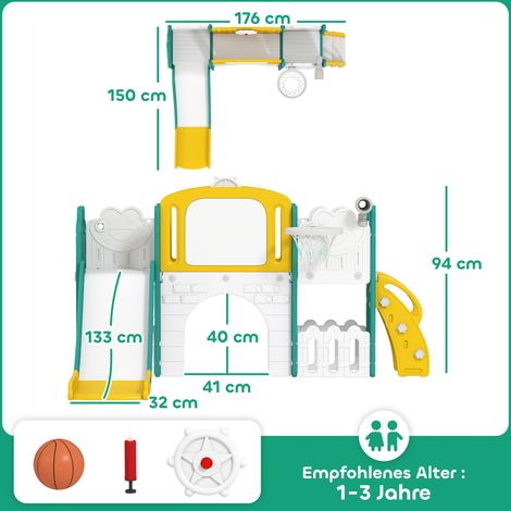 Ensemble de jeux 7 en 1 pour tout-petits : toboggan, panier de basket, motif grenouille, structure d'escalade, balançoire. Utilisation intérieure et extérieure. Jaune et vert. (1/5)