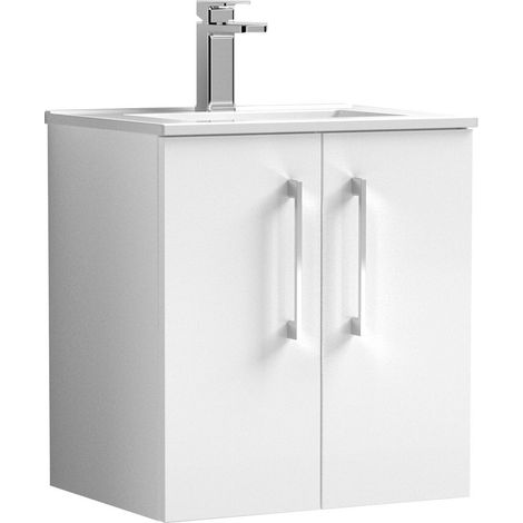 Balterley Modern Bathroom 2 Soft Close Door & Minimalist Wall Hung Vanity Unit Basin, Gloss White, 345mm
