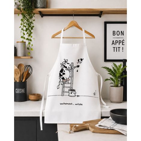Tablier de cuisine en coton imprimé Vachement Artiste – Blanc - 70x90cm - Noir et Blanc (1/2)