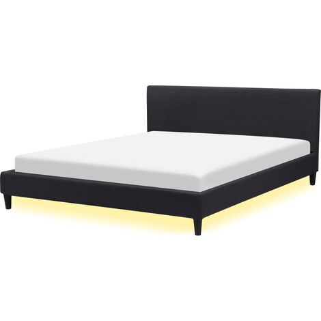 Cama tapizada en tela negra con LED 180 x 200 cm marco de listones cabecero estilo contemporáneo Fitou