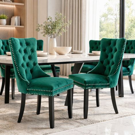 Set di 2 sedie da pranzo 62x50x95 cm in velluto verde con piedi regolabili FloraGrace (1/5)