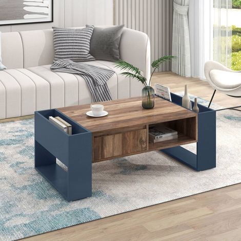 Table basse effet bois avec tiroir sans poignée et rangements double face, anthracite (1/5)