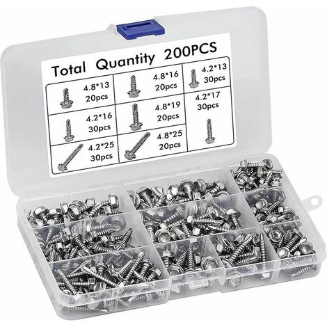 Vis Autoforeuse - Acier Zingué - Têtes Hexagonales M4.2 à M6.3 - 8 Dimensions - Kit 200 Pièces