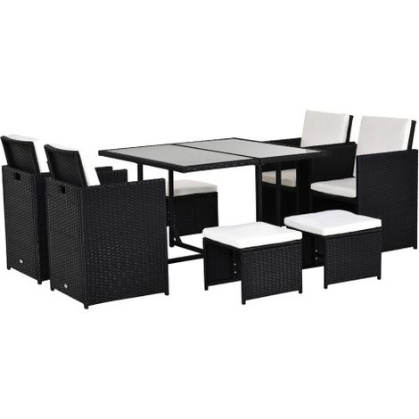 9PC Outdoor Rattan Dining Set with Black Wicker Table and 8 Stools for Patio Gatherings
