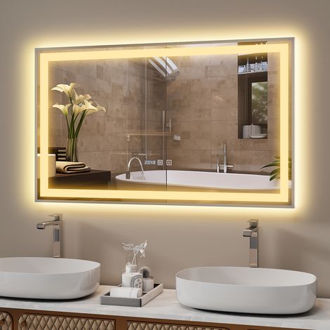 Puluomis LED Miroir de Salle de Bain 100x60cm, Miroir luminueux de salle de bain, Miroir mural, Interrupteur Tactile, Anti-buée, LED Réglable, Étanchéité IP44, Affichage numérique- Argent (1/5)