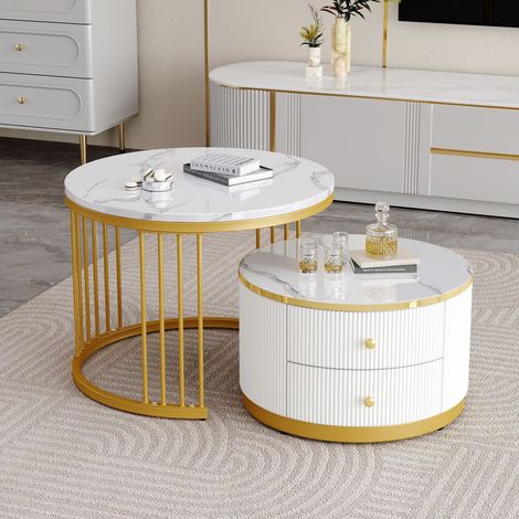 Table basse, 60x60x50 / 50x50x30, Table basse salon plateau effet marbre, 2 tiroirs, set de 2 tables gigognes rondes, blanc (1/5)