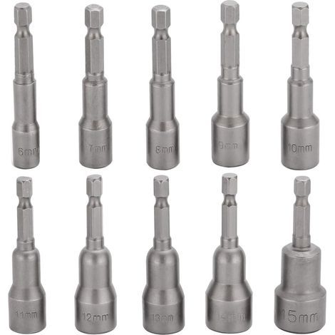 Juego de 10 puntas para destornillador de impacto de 6-15 mm, juego de vasos hexagonales magnéticos, juego de brocas magnéticas, vasos hexagonales de 1/4 de pulgada para portabrocas de cambio rápido (1/5)