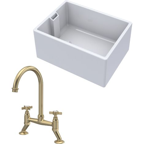 Fireclay Kitchen Bundle - 1 Bowl Belfast Sink & Bridge Crosshead Mixer Tap, 615mm - Brushed Brass