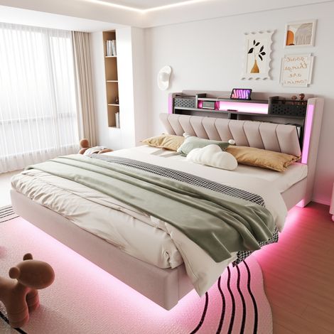 Lit 160x200 cm - Lit double rembourré 160x200 avec LED, USB, tête de lit de rangement et effet suspendu - en lin beige (1/5)