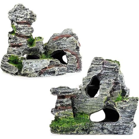 2 pcs Aquarium Ornement Vue sur Rocheux sous Forme de Cave avec de l'herbe Verte pour Cacher Les crevettes et Les Poissons Paysage Roche Cacher Arbre De Grotte Aquarium Décoration-Fei Yu (1/5)